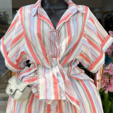 Women's Spring Fashion Striped Turndown Collar Short Sleeve Shirt & Tie-Waist Wide-Leg Shorts Set