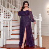 Plus Size Women's Purple Sequin Slit Formal Party Maxi Evening Dress