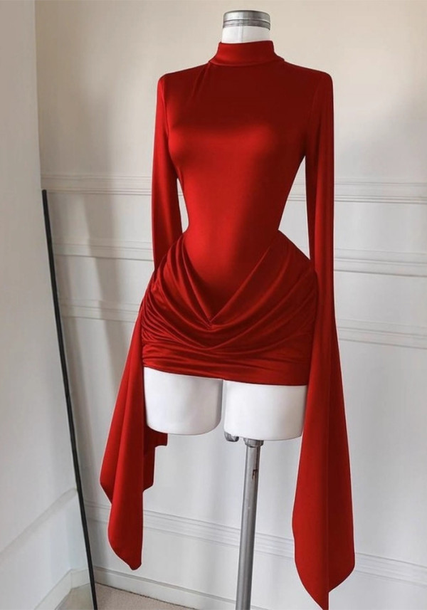 Women's Autumn Mock Neck Long Sleeve Low Back Ruched Mini Dress