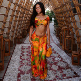 Women's Spring Sexy Printed Off-Shoulder Crop Top & Low-Waist Skirt Set