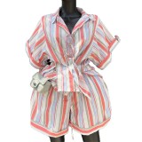 Women's Spring Fashion Striped Turndown Collar Short Sleeve Shirt & Tie-Waist Wide-Leg Shorts Set