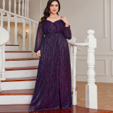 Plus Size Women's Purple Sequin Slit Formal Party Maxi Evening Dress