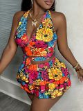 Women's Daisy Floral Halter Neck Deep V Tank & Pleated Mini Skirt Two-Piece Swimsuit Set
