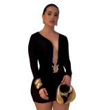 Women's Sexy Deep V Tight-Fitting Long Sleeve Bodycon Formal Party Dress with Metal Detail