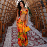 Women's Spring Sexy Printed Off-Shoulder Crop Top & Low-Waist Skirt Set