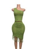 Women's One-Shoulder Knitted Beaded Tassel Two-Piece Skirt Set Holiday Outfit