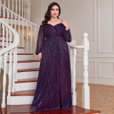 Plus Size Women's Purple Sequin Slit Formal Party Maxi Evening Dress