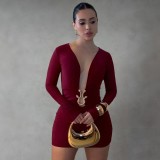 Women's Sexy Deep V Tight-Fitting Long Sleeve Bodycon Formal Party Dress with Metal Detail