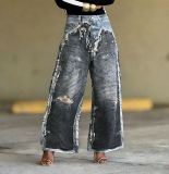 Women Faux Two-Piece Print Denim Pants