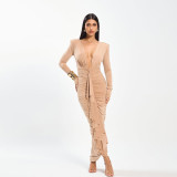 Women Spring Sexy V-Neck Pleated Bodycon Dress