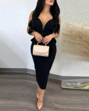 Women Elegant Solid Backless V Neck Bow Stretchy Slit Dress