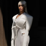 Women Spring Long Sleeve V-Neck Tie-Waist Solid Jacket