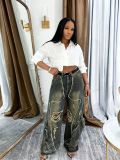 Women Ripped Pocket Cargo Denim Pants