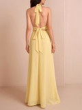 Women Halter Neck Lace-Up Chiffon Sexy V Neck Backless Slit Maxi Dress