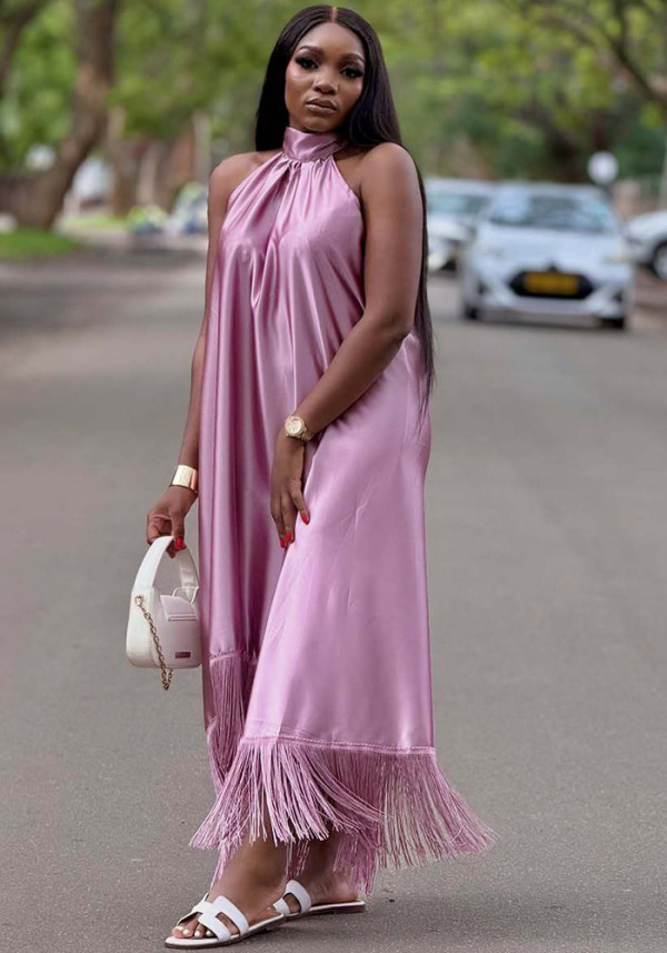 Plus Size Women Elegant Solid Halter Neck Irregular Patchwork Tassel African Maxi Dress