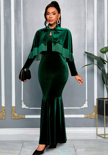 Women Velvet Tassel Bow Tie Shawl Mermaid Evening Dresses Two-Piece Set