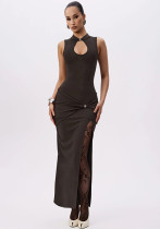 Women Spring Metal Buckle Half-High Neck Sleeveless Slit Gathered Bodycon Dress Women Spring Metal Buckle Half-High Neck Sleeveless Slit Gathered Bodycon Dress