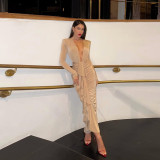 Women Spring Sexy V-Neck Pleated Bodycon Dress