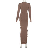 Women Spring Sexy V-Neck Pleated Bodycon Dress