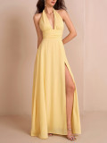 Women Halter Neck Lace-Up Chiffon Sexy V Neck Backless Slit Maxi Dress