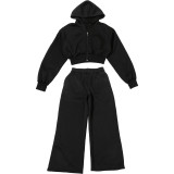 Women Spring Casual Hooded Crop Top and Wide-Leg Pants Two-Piece Set