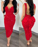 Women Elegant Solid Backless V Neck Bow Stretchy Slit Dress