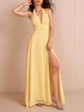 Women Halter Neck Lace-Up Chiffon Sexy V Neck Backless Slit Maxi Dress