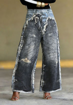 Women Faux Two-Piece Print Denim Pants Women Faux Two-Piece Print Denim Pants