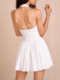 Women Pleated Sexy Backless Halter Neck Dress