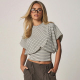 Women Spring Summer Casual Short-Sleeve Striped Crop Top