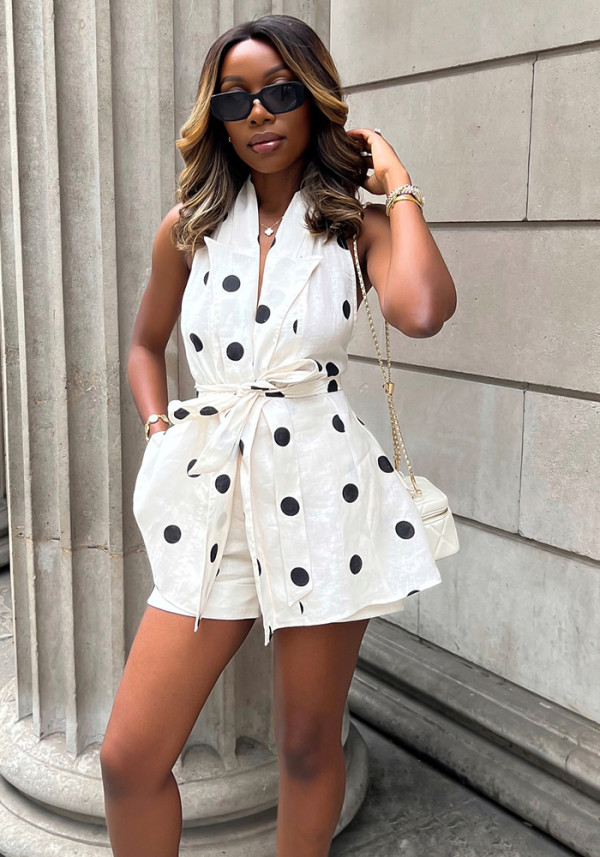 Women Lace-Up Polka Dot Sexy Backless Top and Shorts Two-Piece Set