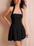 Women Pleated Sexy Backless Halter Neck Dress