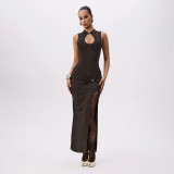 Women Spring Metal Buckle Half-High Neck Sleeveless Slit Gathered Bodycon Dress