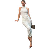 Women Summer Pleated Sexy Halter Neck Backless Bodycon Dress