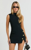 Women Solid Half-High Neck Sleeve Faux Pocket Slit Button Dress