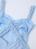 Women Backless Lace-Up Strap Dress Sexy Lace Patchwork Solid Dress