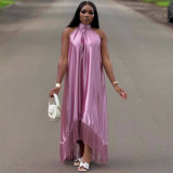 Plus Size Women Elegant Solid Halter Neck Irregular Patchwork Tassel African Maxi Dress