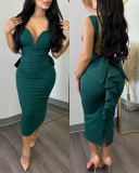 Women Elegant Solid Backless V Neck Bow Stretchy Slit Dress