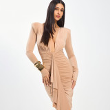 Women Spring Sexy V-Neck Pleated Bodycon Dress