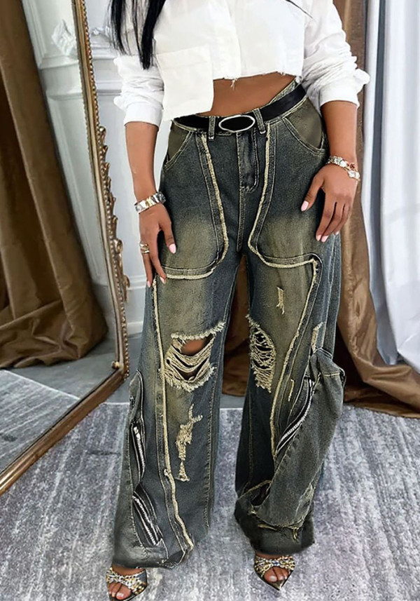 Women Ripped Pocket Cargo Denim Pants