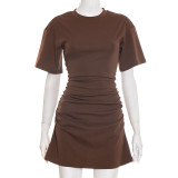 Women Spring Summer Solid Round Neck Gathered Bodycon Dress