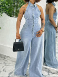 Women Turndown Collar Halter Neck Backless Denim Wide-Leg Jumpsuits