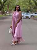 Plus Size Women Elegant Solid Halter Neck Irregular Patchwork Tassel African Maxi Dress