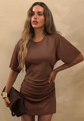 Women Spring Summer Solid Round Neck Gathered Bodycon Dress