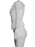 Women Lace-trimmed Square Neck Hook and Button Petal Sleeve Lace Long-Sleeve Top