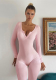 Women Sexy V-Neck Long Sleeve Bodycon Solid Jumpsuit