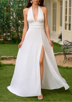 Women Halter Neck Lace-Up Chiffon Sexy V Neck Backless Slit Maxi Dress