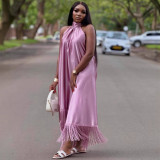 Plus Size Women Elegant Solid Halter Neck Irregular Patchwork Tassel African Maxi Dress