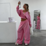 Women Spring Casual Hooded Crop Top and Wide-Leg Pants Two-Piece Set