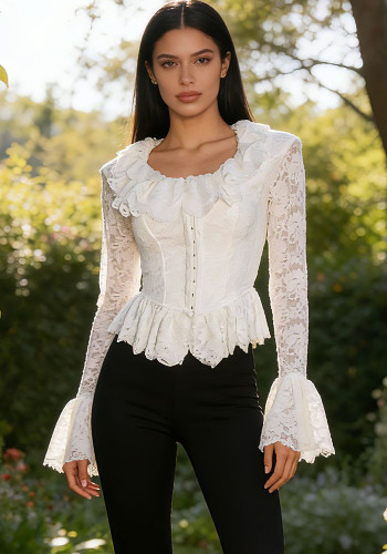 Women Lace-trimmed Square Neck Hook and Button Petal Sleeve Lace Long-Sleeve Top